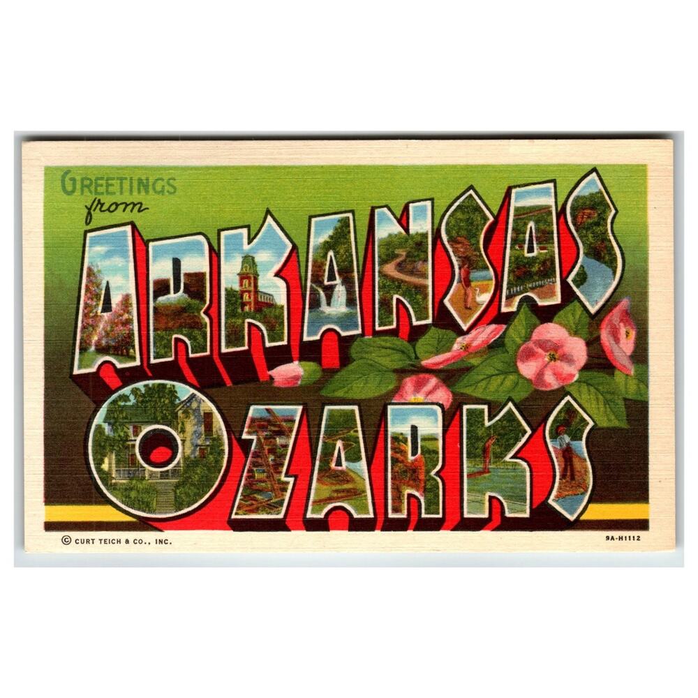 Greetings from Arkansas Ozarks Large Letter Vintage Postcard CT Art-Colortone